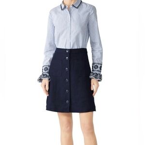 Tory Burch Navy Blue Button Front Linen Skirt Lined Size 8